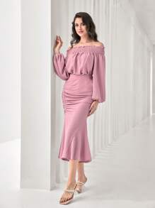 Modelyn Off Shoulder Lantern Sleeve Top & Ruched Mermaid Hem Skirt - Dusty Pink - View 3