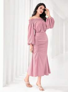 Modelyn Off Shoulder Lantern Sleeve Top & Ruched Mermaid Hem Skirt - Dusty Pink - View 4