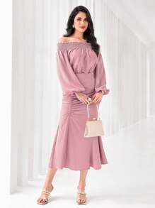 Modelyn Off Shoulder Lantern Sleeve Top & Ruched Mermaid Hem Skirt - Dusty Pink - View 5