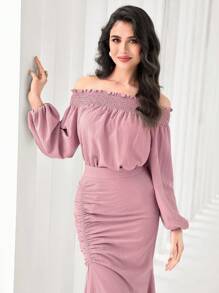 Modelyn Off Shoulder Lantern Sleeve Top & Ruched Mermaid Hem Skirt - Dusty Pink - View 6