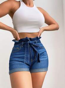 SHEIN Frenchy 紙袋腰卷邊腰帶牛仔短褲 - 中等水洗藍 - 查看 4