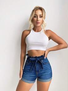 SHEIN Frenchy 紙袋腰卷邊腰帶牛仔短褲 - 中等水洗藍 - 查看 5