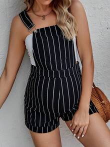 SHEIN Maternidad Mono overol con estampado de rayas sin top tubo - Negro - Ver 3