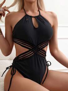 SHEIN Swim Phụ nữ một mảnh Cắt ra Tương phản Mesh màu trơn - màu đen - Xem 3