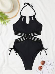 SHEIN Swim Phụ nữ một mảnh Cắt ra Tương phản Mesh màu trơn - màu đen - Xem 4