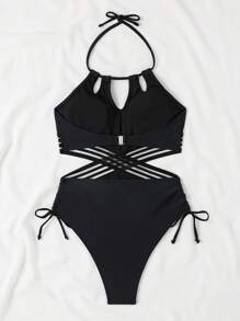 SHEIN Swim Phụ nữ một mảnh Cắt ra Tương phản Mesh màu trơn - màu đen - Xem 5