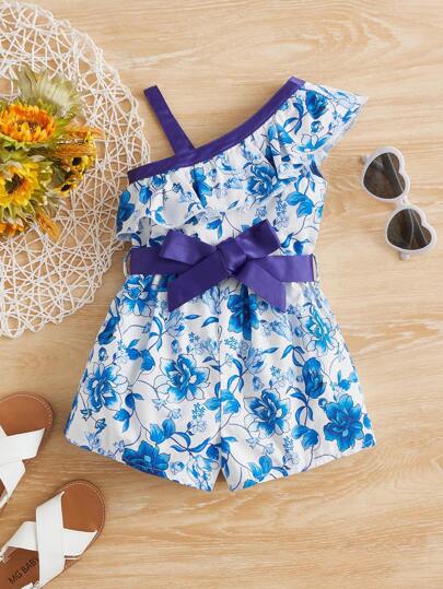SHEIN Baby Floral Print Asymmetrical Neck Ruffle Trim Belted Romper