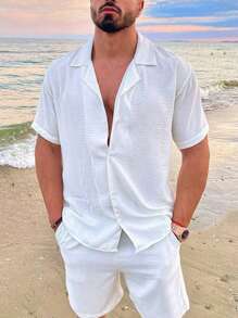 男士素色前排扣西裝領襯衫 - 白色 - 查看 1