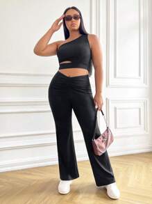 SHEIN EZwear Plus Ruched Front Flare Leg Pants Spring Clothes - Black - View 4