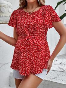 SHEIN Maternity Ditsy Floral Print Butterfly Sleeve Belted Blouse