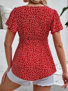 SHEIN Maternity Ditsy Floral Print Butterfly Sleeve Belted Blouse