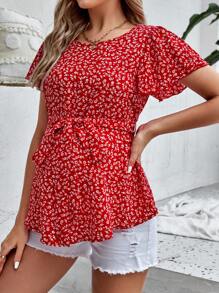 SHEIN Maternity Ditsy Floral Print Butterfly Sleeve Belted Blouse
