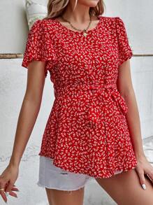 SHEIN Maternity Ditsy Floral Print Butterfly Sleeve Belted Blouse