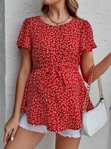 SHEIN Maternity Ditsy Floral Print Butterfly Sleeve Belted Blouse