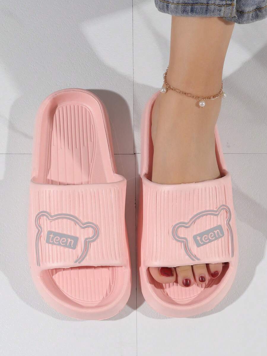 Giày trượt Preppy cho nữ, Dép họa tiết chữ cái họa tiết gấu hoạt hình - Hồng - Xem 1