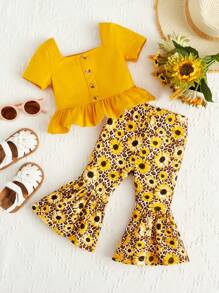 SHEIN Bebé Top de cuello cuadrado bajo con fruncido & Pantalones acampanados con estampado floral - Multicolor - Ver 1