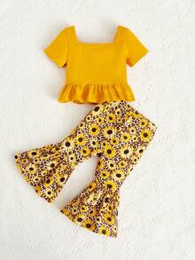 SHEIN Bebé Top de cuello cuadrado bajo con fruncido & Pantalones acampanados con estampado floral - Multicolor - Ver 2