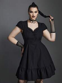 素色胸部褶皺荷葉邊洋裝 - 黑色 - 查看 4