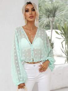 SHEIN Clasi Swiss Dot Button Front Lantern Sleeve Crop Blouse - Green - View 5