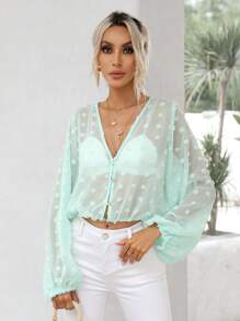 SHEIN Clasi Swiss Dot Button Front Lantern Sleeve Crop Blouse - Green - View 6