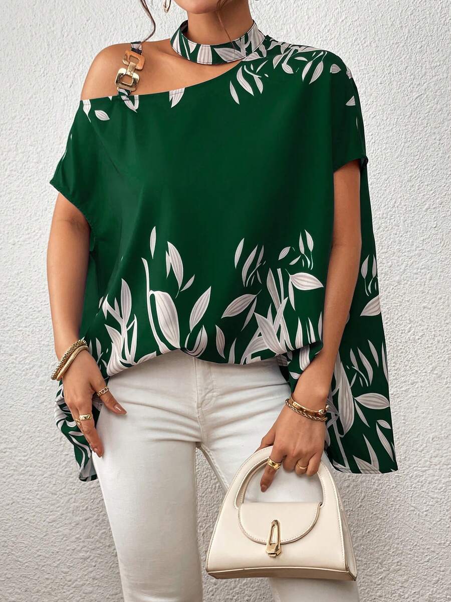 SHEIN Clasi 植物圖案不對稱領蝙蝠袖鏈條細節襯衫 - 墨綠色 - 查看 1