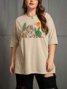 SHEIN EZwear Áo thun Plus size Thú vật Giải trí - Màu Khaki - Xem 3