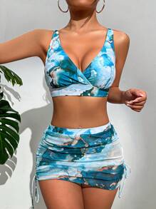 SHEIN Swim Summer Beach Marble Print Bikini Set With Beach Skirt - Multicolor - View 1