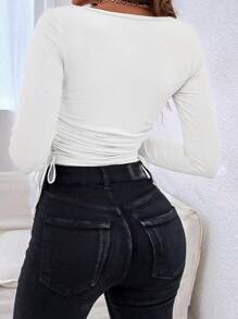 RueChic Scoop Neck Ruched Knot Side Crop Tee - White - View 2