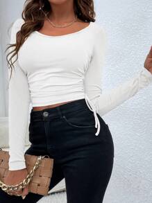 RueChic Scoop Neck Ruched Knot Side Crop Tee - White - View 4