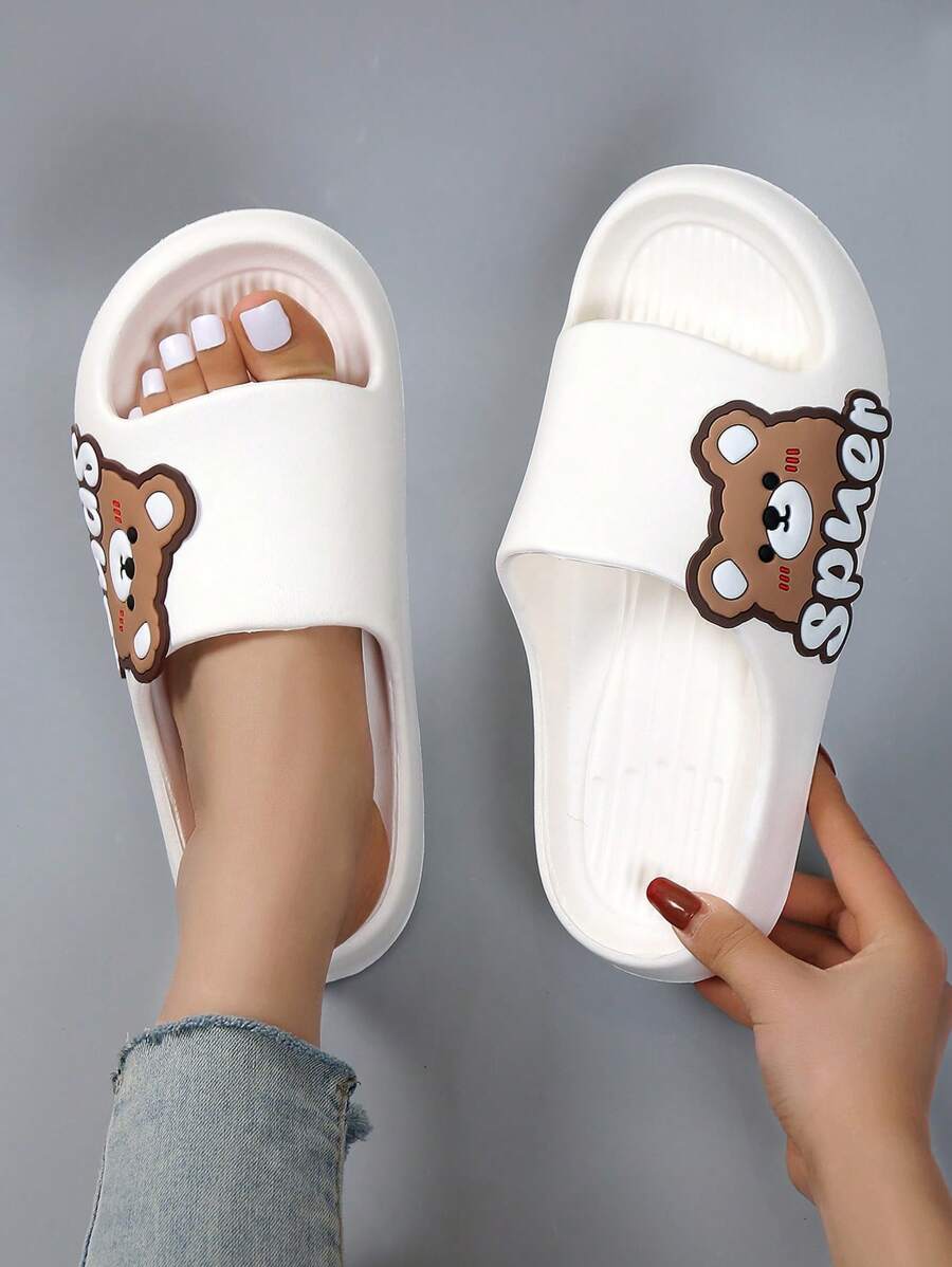 Preppy Slides For Women, Cartoon Bear Pattern Single Band EVA Slippers - White - View 1