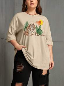 SHEIN EZwear Áo thun Plus size Thú vật Giải trí - Màu Khaki - Xem 6