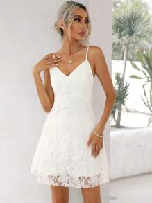 SHEIN Essnce 素色蕾絲覆蓋吊帶連衣裙 - 白色 - 查看 3