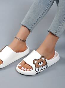 Preppy Slides For Women, Cartoon Bear Pattern Single Band EVA Slippers - White - View 3