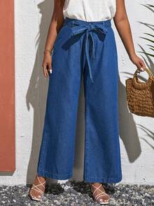 SHEIN VCAY Quần Denim kích thước lớn Thắt lưng Túi Dây kéo màu trơn - Rửa trung bình - Xem 4