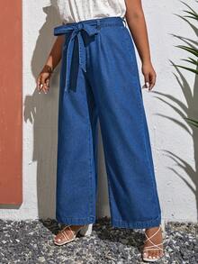 SHEIN VCAY Quần Denim kích thước lớn Thắt lưng Túi Dây kéo màu trơn - Rửa trung bình - Xem 5