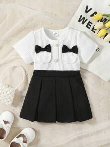 SHEIN Đầm em bé Nơ Bướm Xếp li Nút phía trước Khối Màu - Đen và trắng - Xem 1