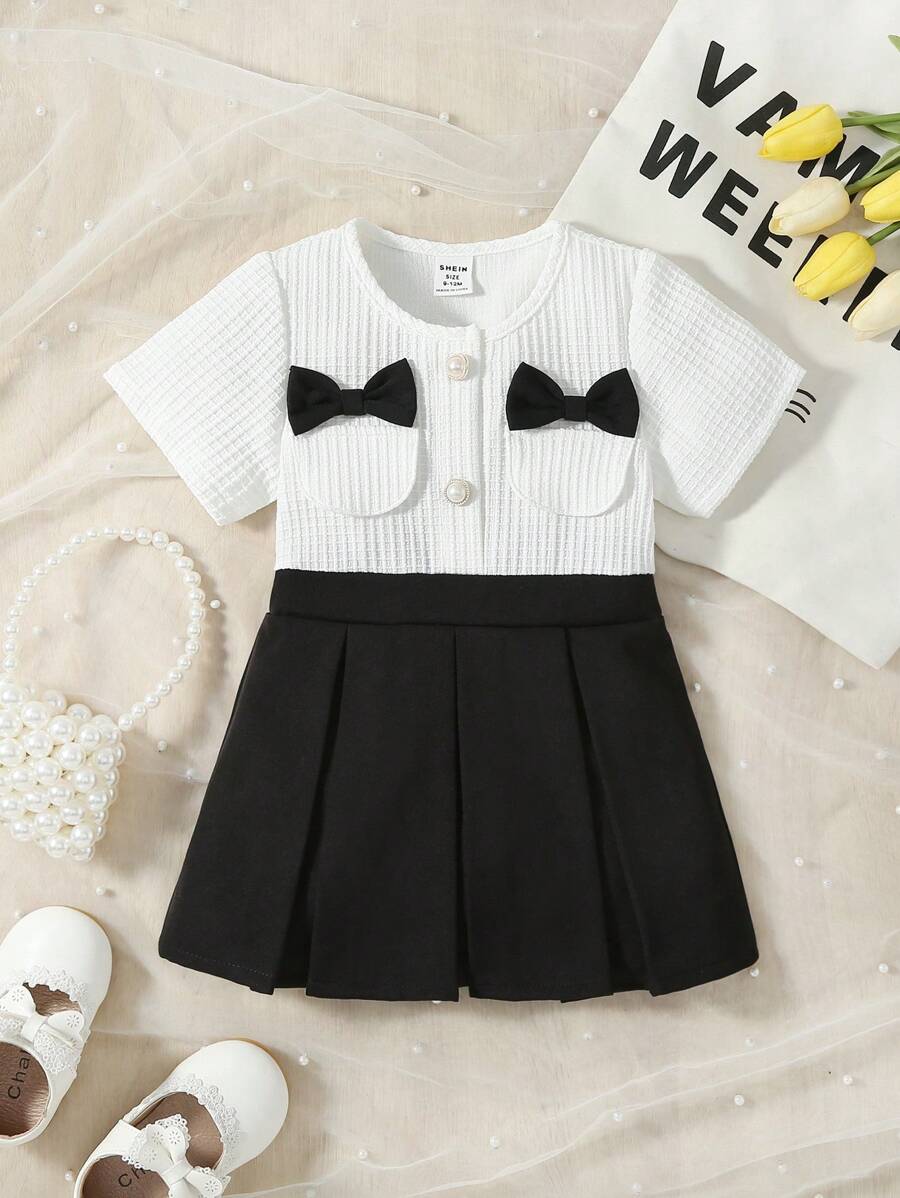 SHEIN Đầm em bé Nơ Bướm Xếp li Nút phía trước Khối Màu - Đen và trắng - Xem 1