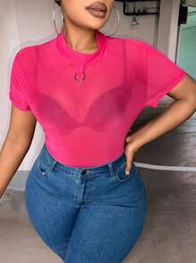 SHEIN SXY 大碼素色透視網紗上衣不附文胸 - 玫紅色 - 查看 1