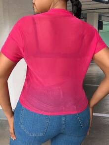 SHEIN SXY 大碼素色透視網紗上衣不附文胸 - 玫紅色 - 查看 2