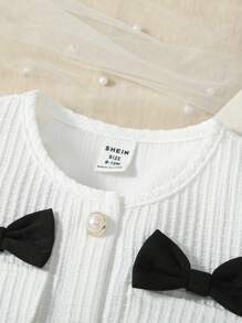 SHEIN Đầm em bé Nơ Bướm Xếp li Nút phía trước Khối Màu - Đen và trắng - Xem 3