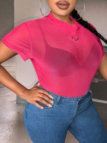 SHEIN SXY 大碼素色透視網紗上衣不附文胸 - 玫紅色 - 查看 4