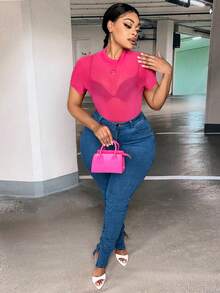 SHEIN SXY 大碼素色透視網紗上衣不附文胸 - 玫紅色 - 查看 5