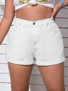 SHEIN EZwear 大碼高腰反摺褲腳牛仔短褲 - 白色 - 查看 1
