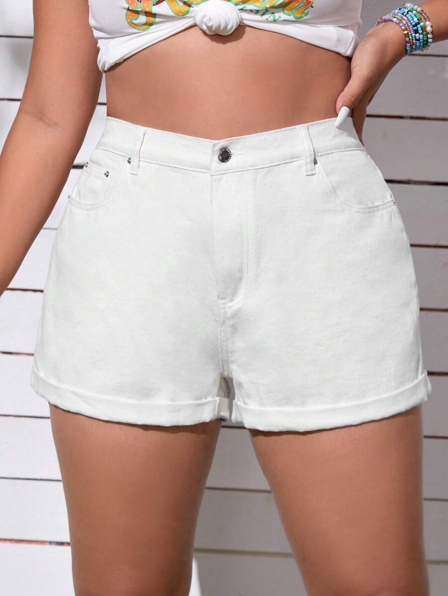 SHEIN EZwear 大碼高腰反摺褲腳牛仔短褲 - 白色 - 查看 1