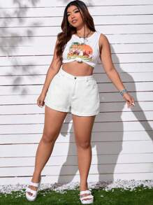 SHEIN EZwear 大碼高腰反摺褲腳牛仔短褲 - 白色 - 查看 3