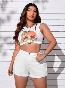 SHEIN EZwear 大碼高腰反摺褲腳牛仔短褲 - 白色 - 查看 4