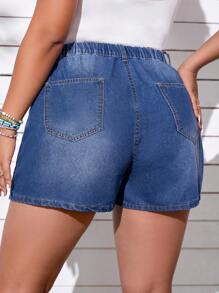 SHEIN EZwear 大碼腰部抽繩斜口袋牛仔短褲 - 深色水洗藍 - 查看 2