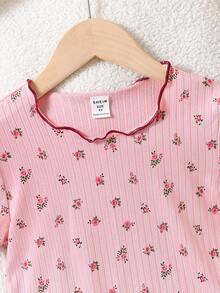 小女童碎花木耳邊T恤和荷葉邊短褲睡衣套裝 - 粉色 - 查看 3