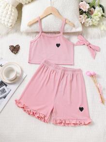 Chicas con estampado de corazón Top de tirantes & bajo con fruncido Shorts - Rosa - Ver 1