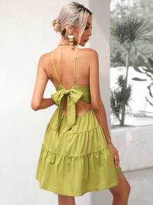 GENKIRA Tie Backless Ruffle Hem Cami Dress - Green - View 1